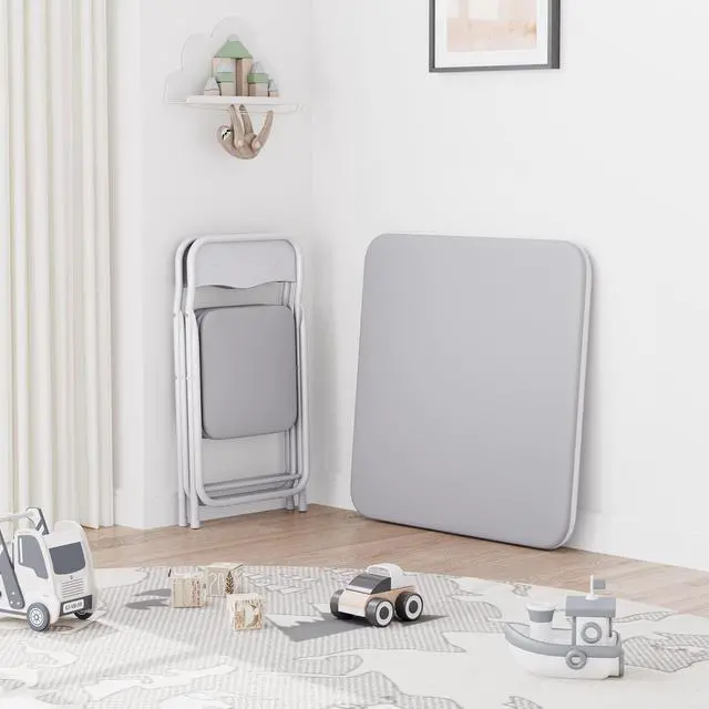 Alt view image 5 of 6 - Boys and Girls Folding Table and Chairs Set of 3, Portable Table and Chair with PU Soft Cushion, Suitable for Eating, Reading and Playing-Grey