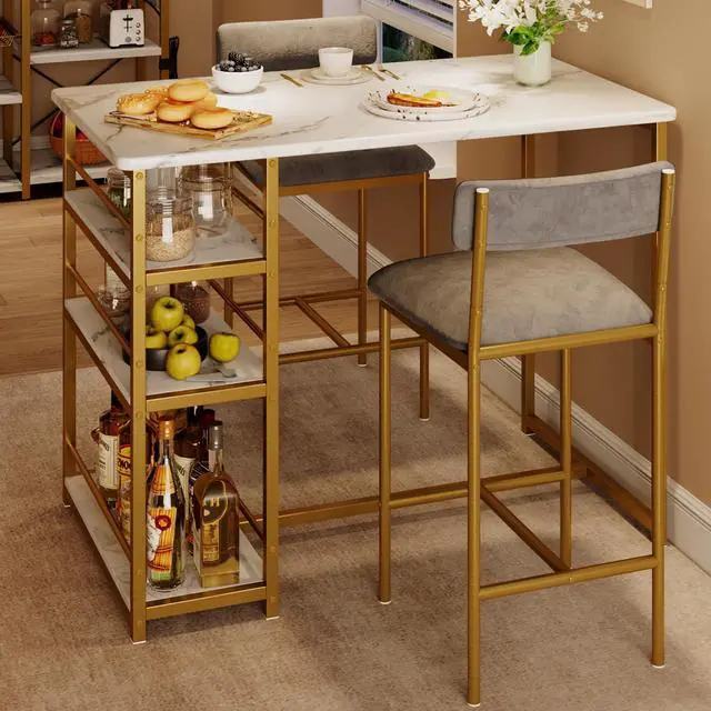 Main image of Dining Table Set for 2, Kitchen Table and Upholstered Chairs for 2, 3 Piece Counter Height Bar Kitchen Table Set with 3 Storage Shelves for Small Space, Apartment, Velvet Gray and Gold White