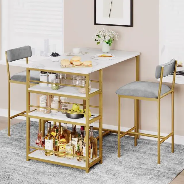 Alt view image 2 of 6 - Dining Table Set for 2, Kitchen Table and Upholstered Chairs for 2, 3 Piece Counter Height Bar Kitchen Table Set with 3 Storage Shelves for Small Space, Apartment, Velvet Gray and Gold White