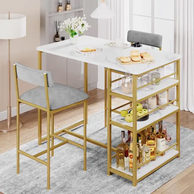 Alt view image 3 of 6 - Dining Table Set for 2, Kitchen Table and Upholstered Chairs for 2, 3 Piece Counter Height Bar Kitchen Table Set with 3 Storage Shelves for Small Space, Apartment, Velvet Gray and Gold White