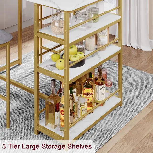 Alt view image 5 of 6 - Dining Table Set for 2, Kitchen Table and Upholstered Chairs for 2, 3 Piece Counter Height Bar Kitchen Table Set with 3 Storage Shelves for Small Space, Apartment, Velvet Gray and Gold White