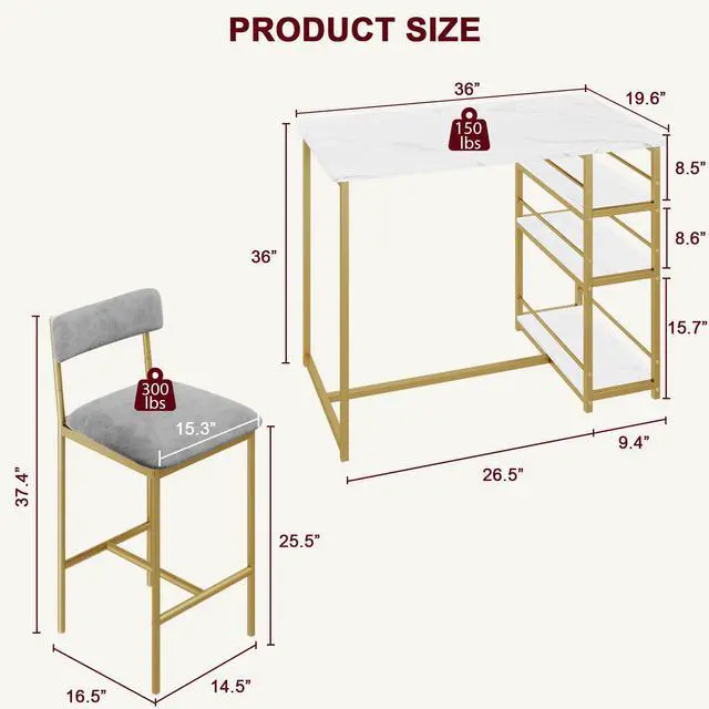 Alt view image 6 of 6 - Dining Table Set for 2, Kitchen Table and Upholstered Chairs for 2, 3 Piece Counter Height Bar Kitchen Table Set with 3 Storage Shelves for Small Space, Apartment, Velvet Gray and Gold White