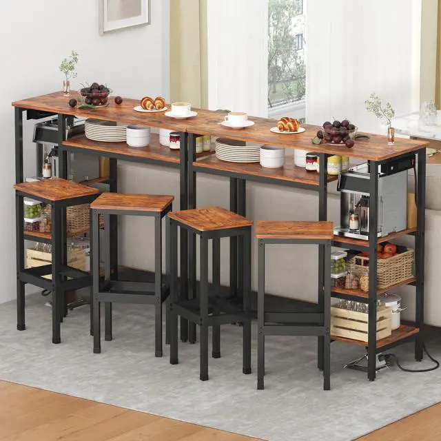 Alt view image 2 of 6 - 3-Piece Bar Table and Chairs Set,Counter Height Bar Table Set with Power Outlets and Storage Shelves,Dining Table Set with 2 Chairs,Industrial Table Chairs Set for Bar,Kitchen,Apartment
