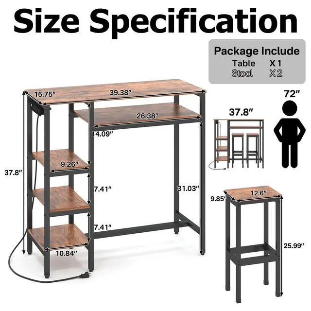 Alt view image 3 of 6 - 3-Piece Bar Table and Chairs Set,Counter Height Bar Table Set with Power Outlets and Storage Shelves,Dining Table Set with 2 Chairs,Industrial Table Chairs Set for Bar,Kitchen,Apartment