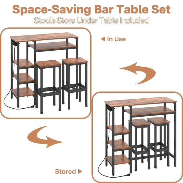 Alt view image 4 of 6 - 3-Piece Bar Table and Chairs Set,Counter Height Bar Table Set with Power Outlets and Storage Shelves,Dining Table Set with 2 Chairs,Industrial Table Chairs Set for Bar,Kitchen,Apartment