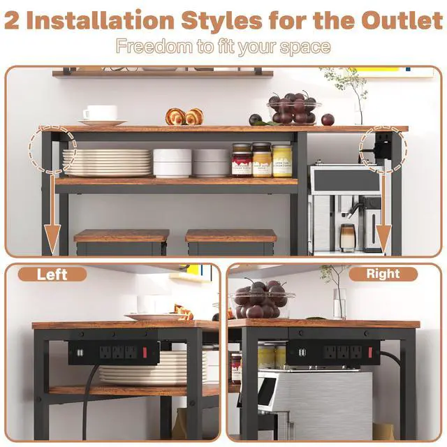 Alt view image 5 of 6 - 3-Piece Bar Table and Chairs Set,Counter Height Bar Table Set with Power Outlets and Storage Shelves,Dining Table Set with 2 Chairs,Industrial Table Chairs Set for Bar,Kitchen,Apartment
