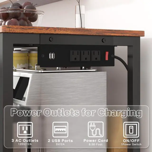 Alt view image 6 of 6 - 3-Piece Bar Table and Chairs Set,Counter Height Bar Table Set with Power Outlets and Storage Shelves,Dining Table Set with 2 Chairs,Industrial Table Chairs Set for Bar,Kitchen,Apartment