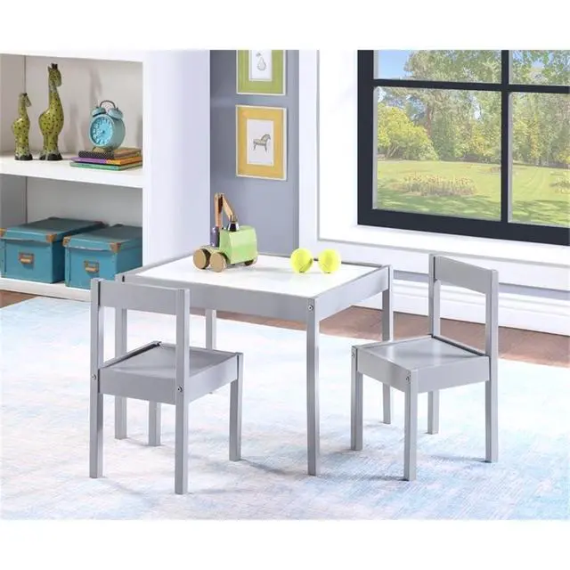 Alt view image 2 of 6 - 3-Piece Wood Dry Erase Kids Table & Chair Set, Gray Finish, Includes 2 Chairs, Durable Solid Wood Construction, 19 in Table, Safe for Children's Creativity and Play