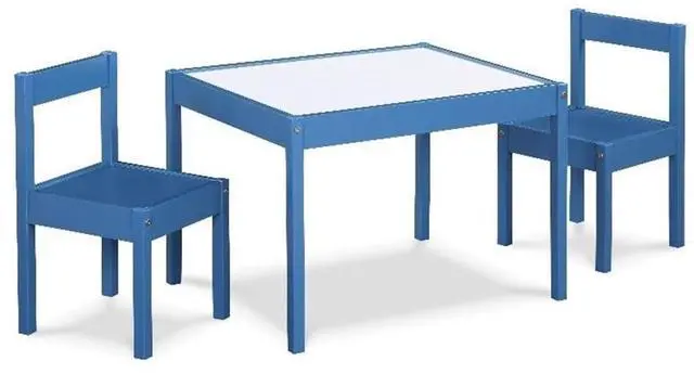 Main image of 3-Piece Kids Wood Table & Chair Set, 19" x 25.25", Dark Blue Finish, Dry Erase Surface, Includes 2 Chairs, Solid Wood Construction, Durable Design for Playroom or Creative Activities