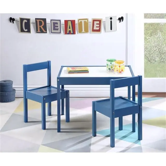 Alt view image 2 of 6 - 3-Piece Kids Wood Table & Chair Set, 19" x 25.25", Dark Blue Finish, Dry Erase Surface, Includes 2 Chairs, Solid Wood Construction, Durable Design for Playroom or Creative Activities