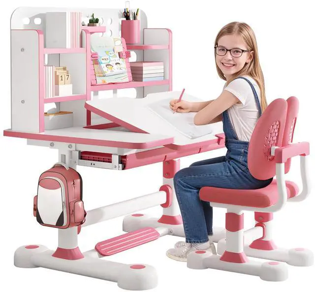Main image of Upgrade Kids' Desk & Chair Sets, 50-Degree Tiltable Desktop Height Adjustable Kids Table and Chair Set with Bookshelf Storage Drawer for Bedroom Study Room (Pink A)