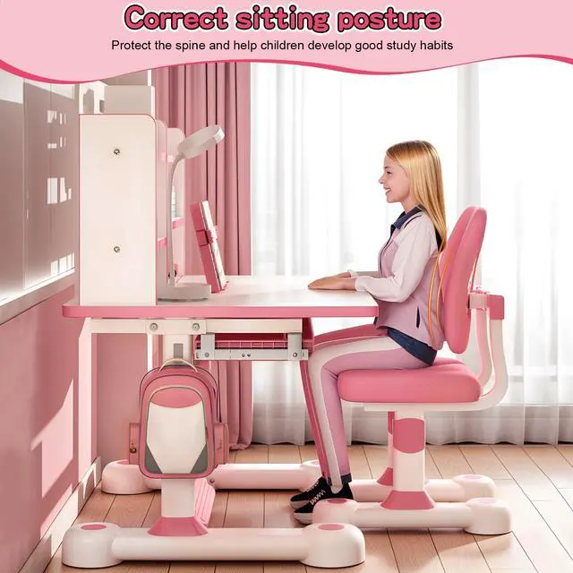 Alt view image 2 of 6 - Upgrade Kids' Desk & Chair Sets, 50-Degree Tiltable Desktop Height Adjustable Kids Table and Chair Set with Bookshelf Storage Drawer for Bedroom Study Room (Pink A)