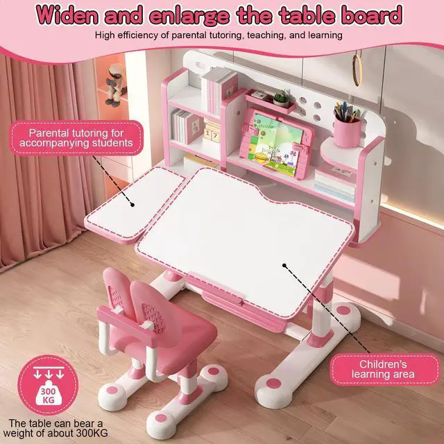 Alt view image 3 of 6 - Upgrade Kids' Desk & Chair Sets, 50-Degree Tiltable Desktop Height Adjustable Kids Table and Chair Set with Bookshelf Storage Drawer for Bedroom Study Room (Pink A)