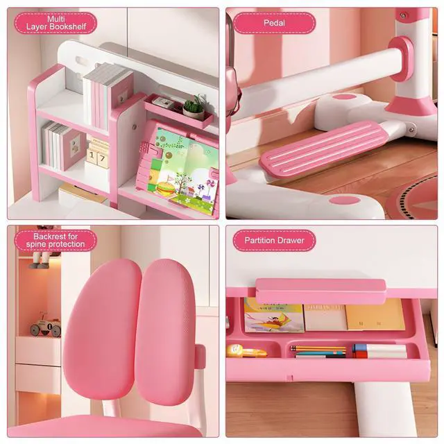 Alt view image 4 of 6 - Upgrade Kids' Desk & Chair Sets, 50-Degree Tiltable Desktop Height Adjustable Kids Table and Chair Set with Bookshelf Storage Drawer for Bedroom Study Room (Pink A)
