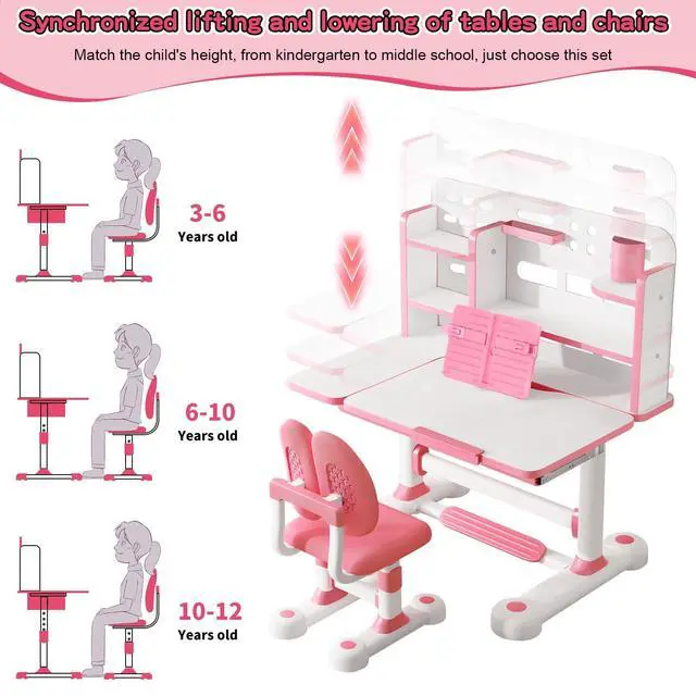 Alt view image 5 of 6 - Upgrade Kids' Desk & Chair Sets, 50-Degree Tiltable Desktop Height Adjustable Kids Table and Chair Set with Bookshelf Storage Drawer for Bedroom Study Room (Pink A)