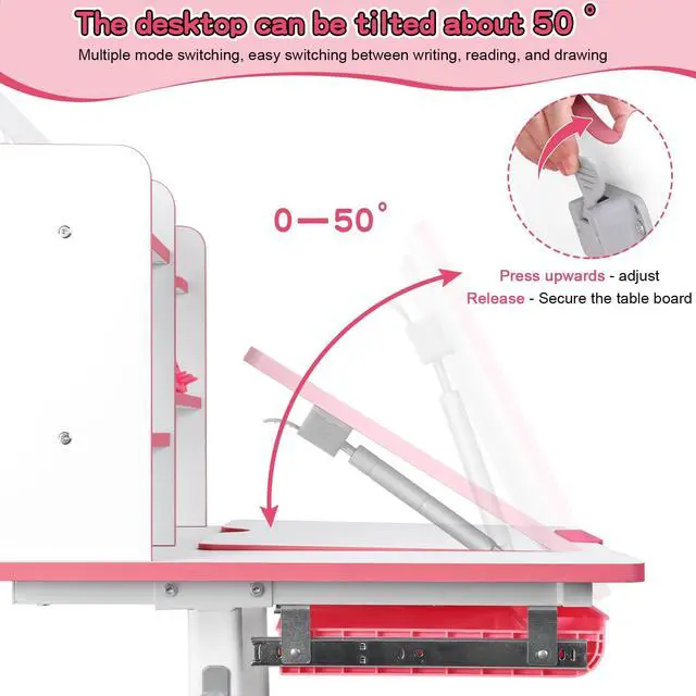 Alt view image 6 of 6 - Upgrade Kids' Desk & Chair Sets, 50-Degree Tiltable Desktop Height Adjustable Kids Table and Chair Set with Bookshelf Storage Drawer for Bedroom Study Room (Pink A)