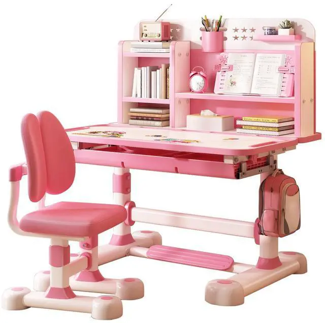 Main image of Upgrade Kid Desk and Chair Set, 50-Degree Tiltable Desktop Height Adjustable Kids Table and Chair Set with Bookshelf Storage Drawer for Bedroom Study Room (Pink B)
