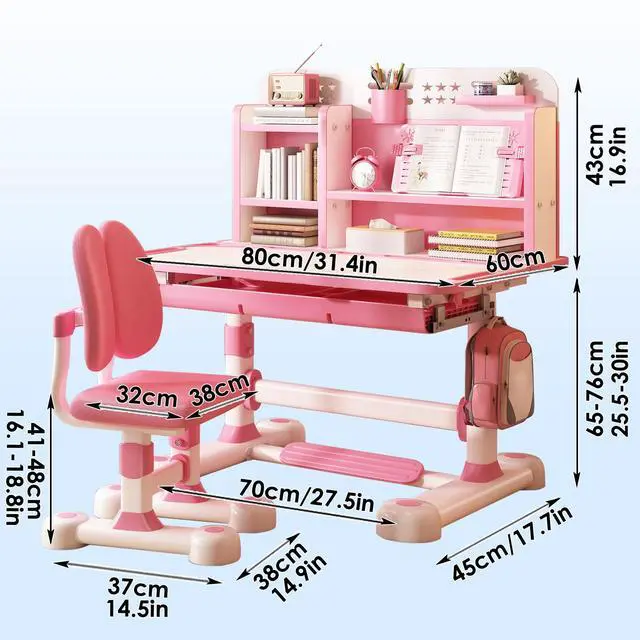 Alt view image 6 of 6 - Upgrade Kid Desk and Chair Set, 50-Degree Tiltable Desktop Height Adjustable Kids Table and Chair Set with Bookshelf Storage Drawer for Bedroom Study Room (Pink B)
