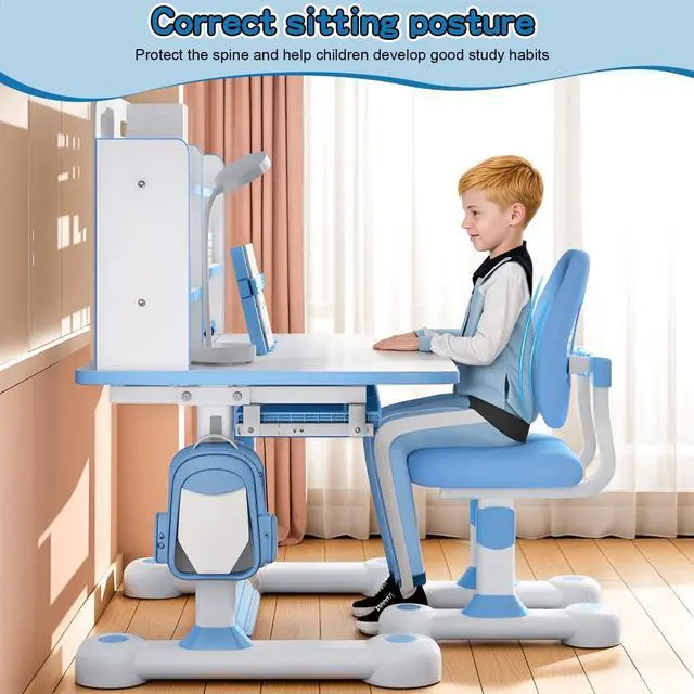 Alt view image 2 of 6 - Upgrade Kids' Desk & Chair Sets, 50-Degree Tiltable Desktop Height Adjustable Kids Table and Chair Set with Bookshelf Storage Drawer for Bedroom Study Room (Blue B)