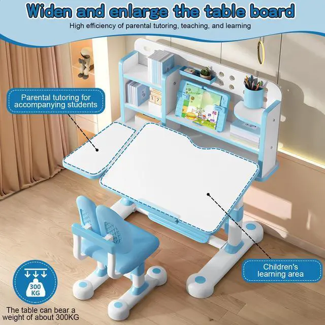 Alt view image 3 of 6 - Upgrade Kids' Desk & Chair Sets, 50-Degree Tiltable Desktop Height Adjustable Kids Table and Chair Set with Bookshelf Storage Drawer for Bedroom Study Room (Blue B)