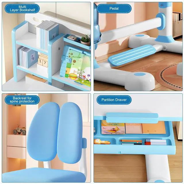 Alt view image 4 of 6 - Upgrade Kids' Desk & Chair Sets, 50-Degree Tiltable Desktop Height Adjustable Kids Table and Chair Set with Bookshelf Storage Drawer for Bedroom Study Room (Blue B)
