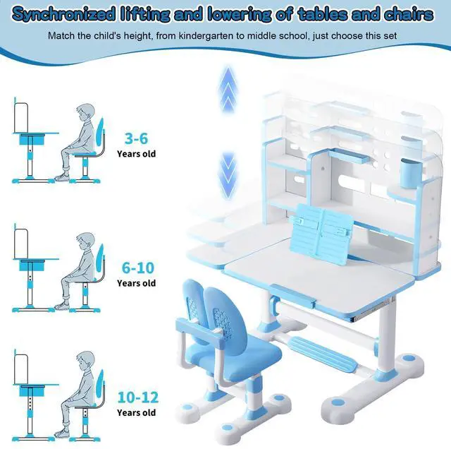 Alt view image 5 of 6 - Upgrade Kids' Desk & Chair Sets, 50-Degree Tiltable Desktop Height Adjustable Kids Table and Chair Set with Bookshelf Storage Drawer for Bedroom Study Room (Blue B)