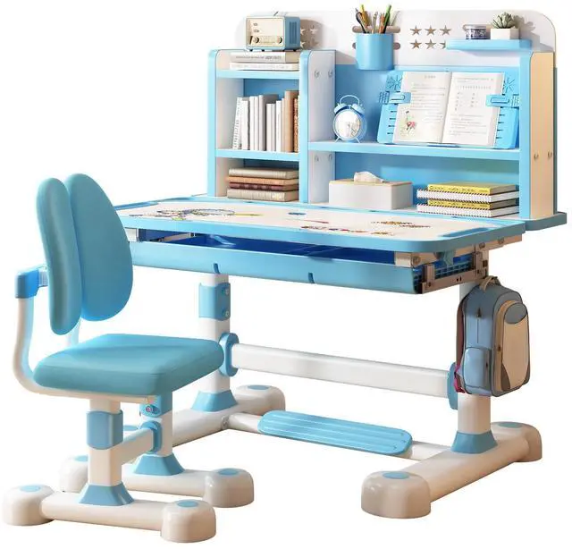 Main image of Upgrade Kid Desk and Chair Set, 50-Degree Tiltable Desktop Height Adjustable Kids Table and Chair Set with Bookshelf Storage Drawer for Bedroom Study Room (Blue B)