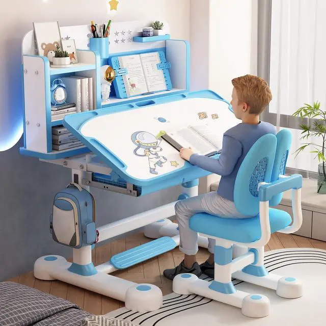 Alt view image 2 of 6 - Upgrade Kid Desk and Chair Set, 50-Degree Tiltable Desktop Height Adjustable Kids Table and Chair Set with Bookshelf Storage Drawer for Bedroom Study Room (Blue B)