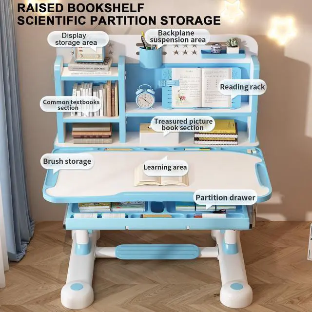 Alt view image 4 of 6 - Upgrade Kid Desk and Chair Set, 50-Degree Tiltable Desktop Height Adjustable Kids Table and Chair Set with Bookshelf Storage Drawer for Bedroom Study Room (Blue B)