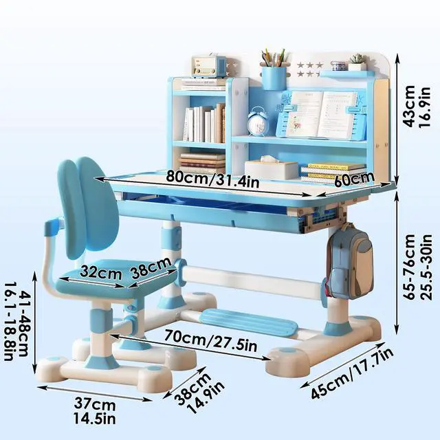 Alt view image 6 of 6 - Upgrade Kid Desk and Chair Set, 50-Degree Tiltable Desktop Height Adjustable Kids Table and Chair Set with Bookshelf Storage Drawer for Bedroom Study Room (Blue B)