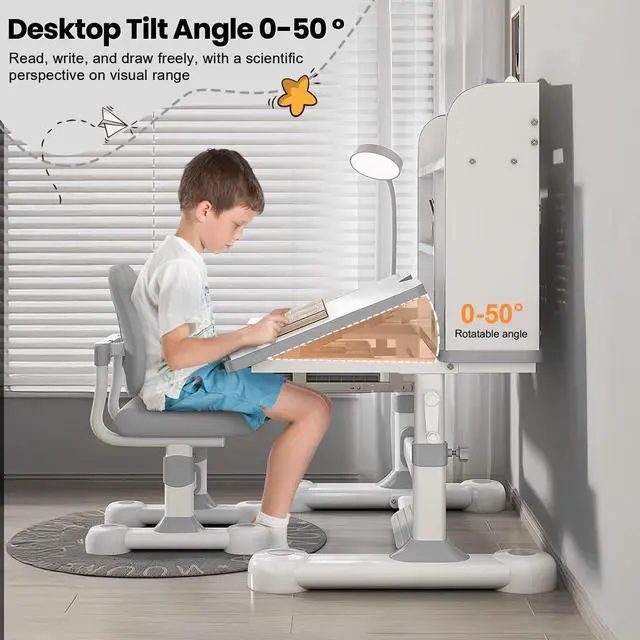 Alt view image 2 of 6 - Upgrade Kid Desk and Chair Set, 50-Degree Tiltable Desktop Height Adjustable Kids Table and Chair Set with Bookshelf Storage Drawer for Bedroom Study Room (Grey C)