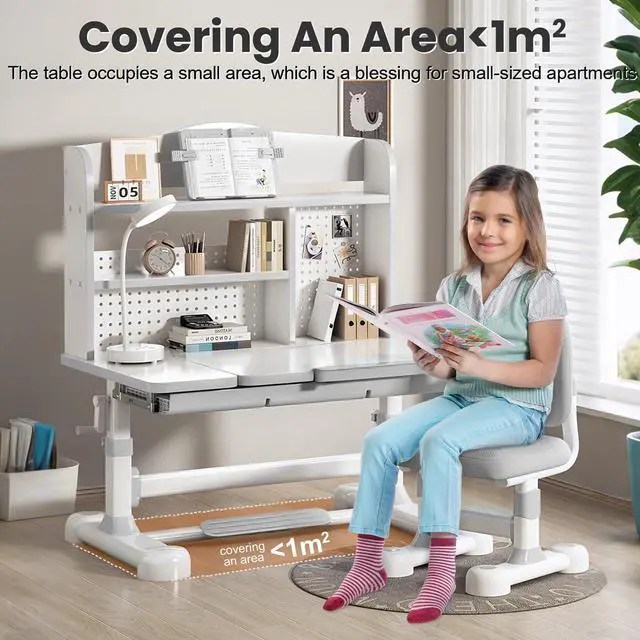 Alt view image 3 of 6 - Upgrade Kid Desk and Chair Set, 50-Degree Tiltable Desktop Height Adjustable Kids Table and Chair Set with Bookshelf Storage Drawer for Bedroom Study Room (Grey C)