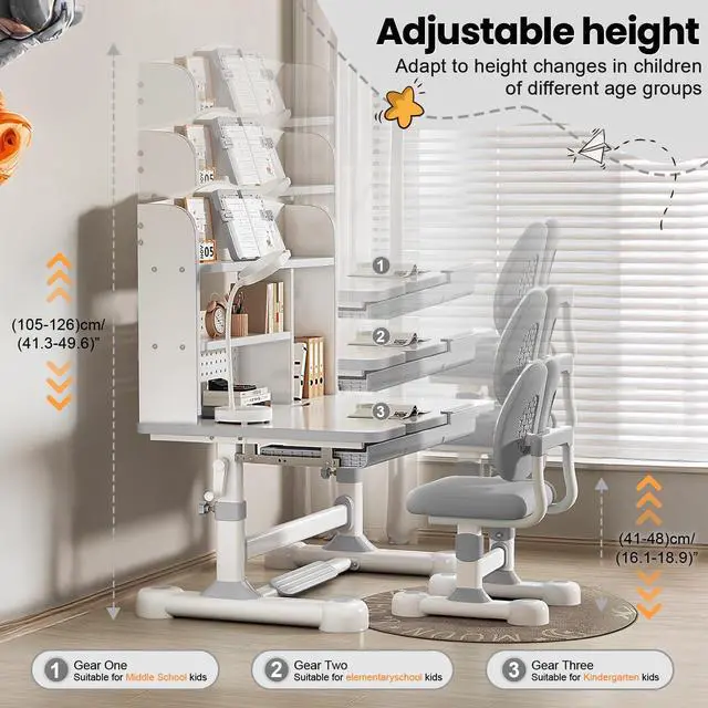 Alt view image 4 of 6 - Upgrade Kid Desk and Chair Set, 50-Degree Tiltable Desktop Height Adjustable Kids Table and Chair Set with Bookshelf Storage Drawer for Bedroom Study Room (Grey C)