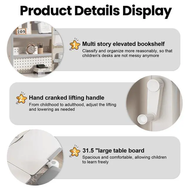 Alt view image 5 of 6 - Upgrade Kid Desk and Chair Set, 50-Degree Tiltable Desktop Height Adjustable Kids Table and Chair Set with Bookshelf Storage Drawer for Bedroom Study Room (Grey C)