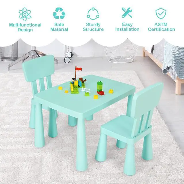 Alt view image 4 of 6 - Kids Table and Chair Set, 3 Piece Plastic Toddler Table and Chairs for Art Craft, Reading, Drawing, Snack Time, Playroom, Preschool, Kindergarten, Children Activity Table for Ages 1-7 (Green)