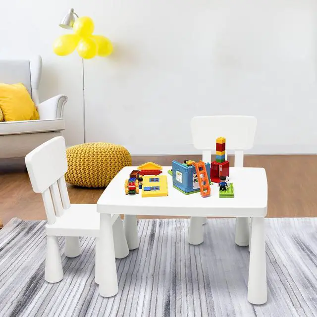 Main image of Kids Table and Chair Set, 3 Piece Plastic Toddler Table and Chairs for Art Craft, Reading, Drawing, Snack Time, Playroom, Preschool, Kindergarten, Children Activity Table for Ages 1-7 (White)