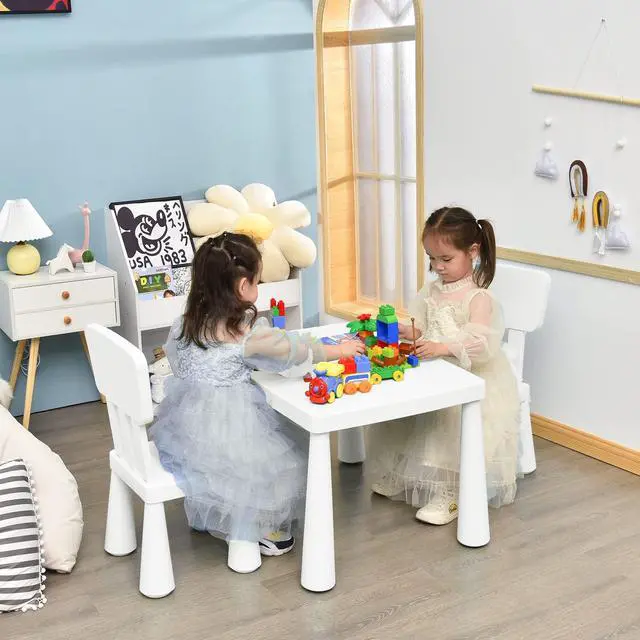 Alt view image 2 of 6 - Kids Table and Chair Set, 3 Piece Plastic Toddler Table and Chairs for Art Craft, Reading, Drawing, Snack Time, Playroom, Preschool, Kindergarten, Children Activity Table for Ages 1-7 (White)