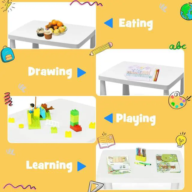 Alt view image 3 of 6 - Kids Table and Chair Set, 3 Piece Plastic Toddler Table and Chairs for Art Craft, Reading, Drawing, Snack Time, Playroom, Preschool, Kindergarten, Children Activity Table for Ages 1-7 (White)