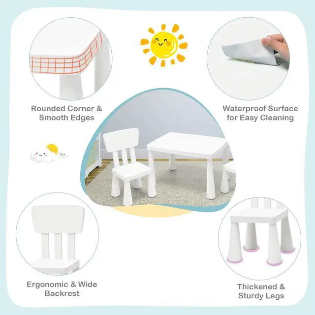 Alt view image 5 of 6 - Kids Table and Chair Set, 3 Piece Plastic Toddler Table and Chairs for Art Craft, Reading, Drawing, Snack Time, Playroom, Preschool, Kindergarten, Children Activity Table for Ages 1-7 (White)
