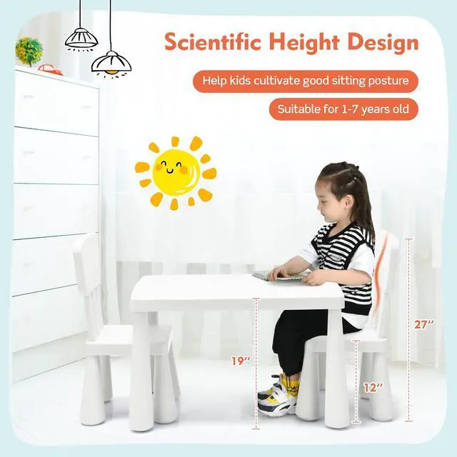 Alt view image 6 of 6 - Kids Table and Chair Set, 3 Piece Plastic Toddler Table and Chairs for Art Craft, Reading, Drawing, Snack Time, Playroom, Preschool, Kindergarten, Children Activity Table for Ages 1-7 (White)