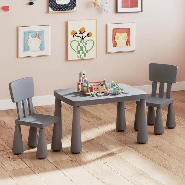 Main image of Kids Table and Chair Set, 3 Piece Plastic Toddler Table and Chairs for Art Craft, Reading, Drawing, Snack Time, Playroom, Preschool, Kindergarten, Children Activity Table for Ages 1-7 (Gray)