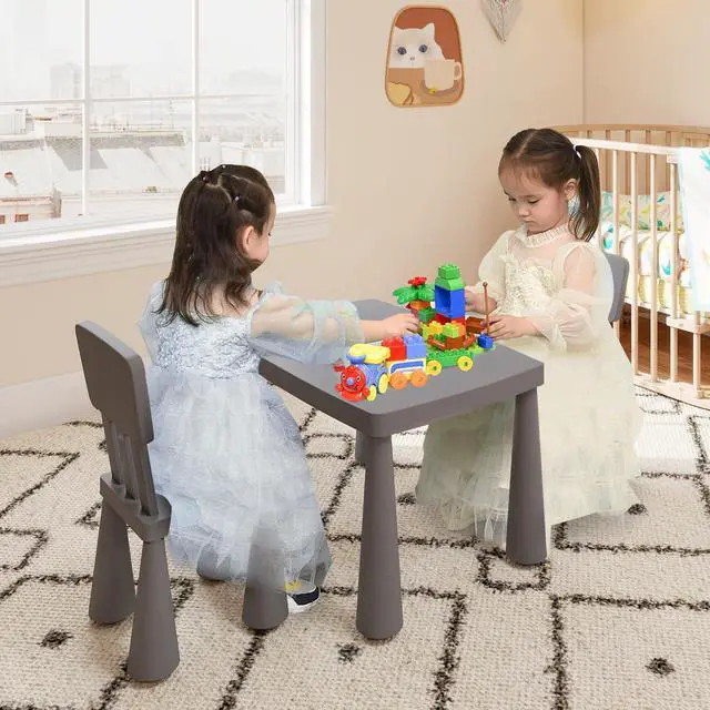 Alt view image 3 of 6 - Kids Table and Chair Set, 3 Piece Plastic Toddler Table and Chairs for Art Craft, Reading, Drawing, Snack Time, Playroom, Preschool, Kindergarten, Children Activity Table for Ages 1-7 (Gray)