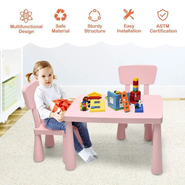 Alt view image 4 of 6 - Kids Table and Chair Set, 3 Piece Plastic Toddler Table and Chairs for Art Craft, Reading, Drawing, Snack Time, Playroom, Preschool, Kindergarten, Children Activity Table for Ages 1-7 (Pink)