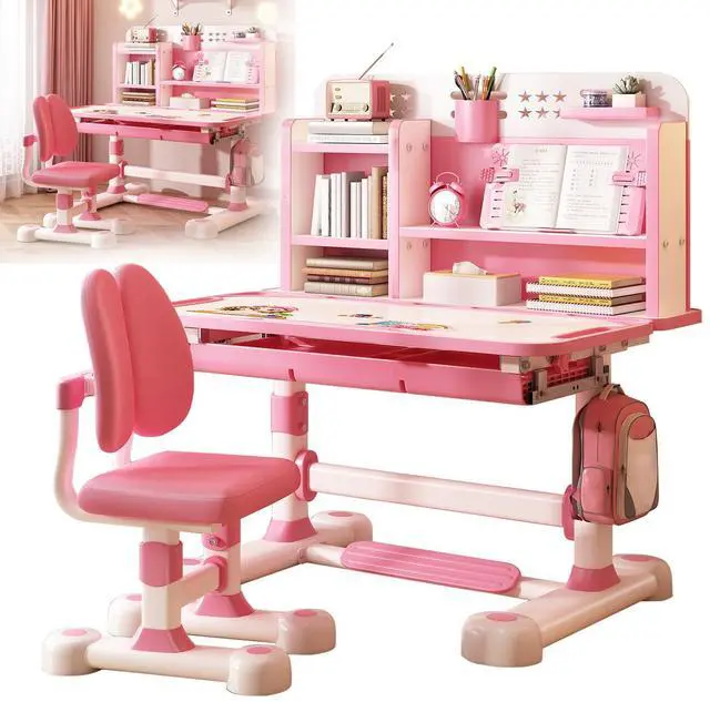 Main image of Small Desk, Kids Study Desk Chair Set, Height Adjustable Children School Study Table Chair Set with Sitting Corrector, Ergonomic Desk Chair with Book Stand, Foot Pedal, Partition Design (Pink1)