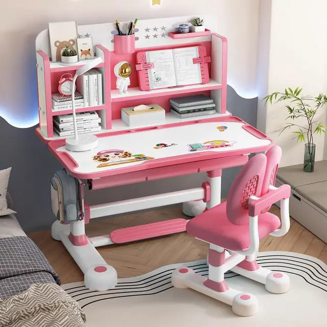 Alt view image 2 of 6 - Small Desk, Kids Study Desk Chair Set, Height Adjustable Children School Study Table Chair Set with Sitting Corrector, Ergonomic Desk Chair with Book Stand, Foot Pedal, Partition Design (Pink1)