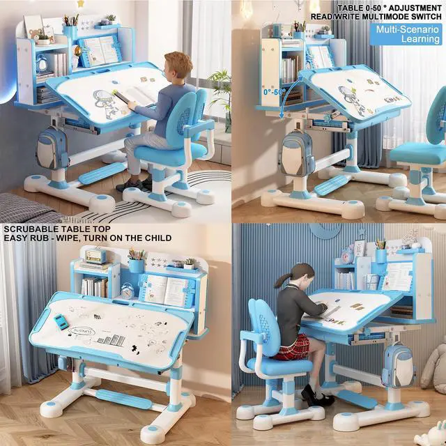 Alt view image 4 of 6 - Small Desk, Kids Study Desk Chair Set, Height Adjustable Children School Study Table Chair Set with Sitting Corrector, Ergonomic Desk Chair with Book Stand, Foot Pedal, Partition Design (Pink1)