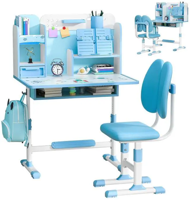 Main image of Small Desk, Kids Study Desk Chair Set, Height Adjustable Children School Study Table Chair Set with Sitting Corrector, Ergonomic Desk Chair with Book Stand, Foot Pedal, Partition Design (Blue)