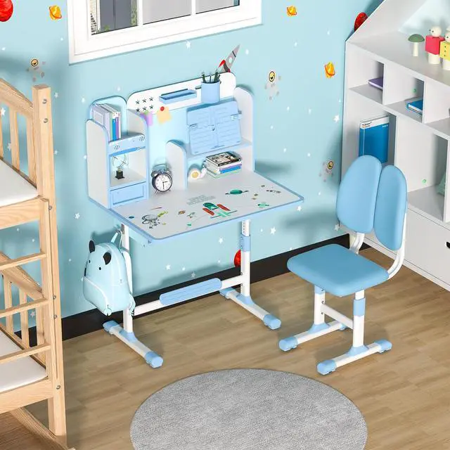 Alt view image 2 of 6 - Small Desk, Kids Study Desk Chair Set, Height Adjustable Children School Study Table Chair Set with Sitting Corrector, Ergonomic Desk Chair with Book Stand, Foot Pedal, Partition Design (Blue)