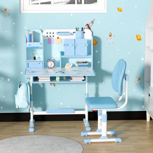 Alt view image 6 of 6 - Small Desk, Kids Study Desk Chair Set, Height Adjustable Children School Study Table Chair Set with Sitting Corrector, Ergonomic Desk Chair with Book Stand, Foot Pedal, Partition Design (Blue)
