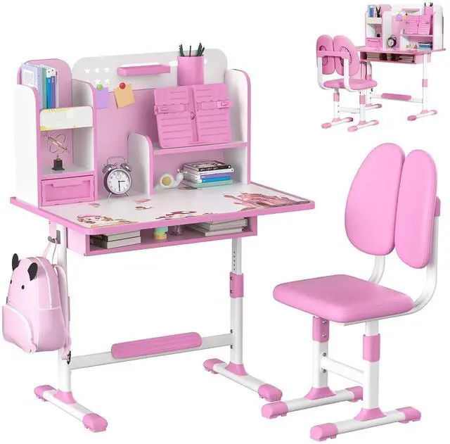 Main image of Small Desk, Kids Study Desk Chair Set, Height Adjustable Children School Study Table Chair Set with Sitting Corrector, Ergonomic Desk Chair with Book Stand, Foot Pedal, Partition Design (Pink)